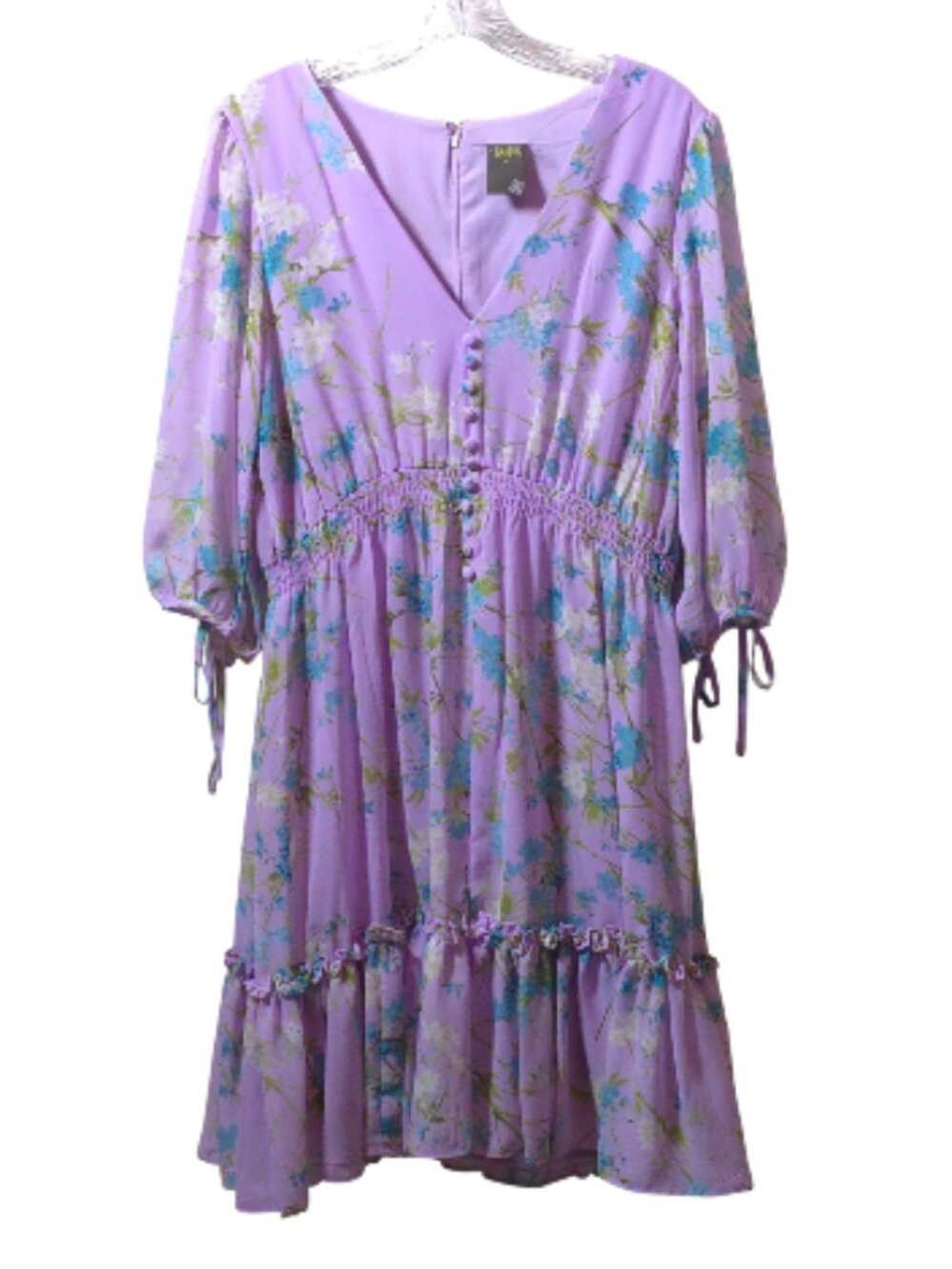 Taylor Lavender Floral Midi Dress Sz 14 Cottagecore Puff Sleeve Smocked Empire